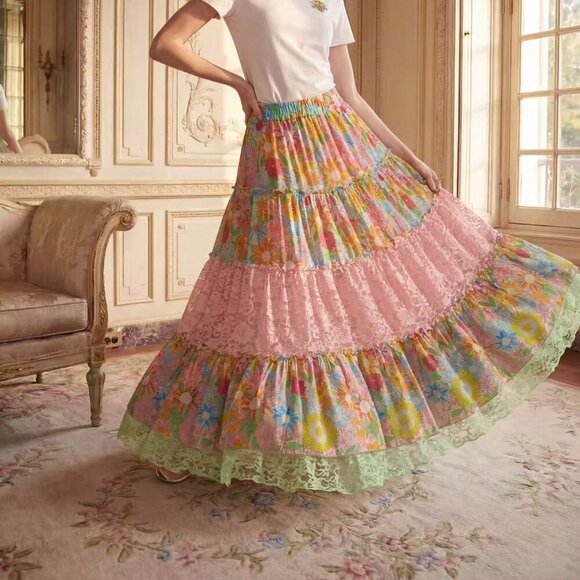 Dresses & Skirts - Multicolor Boho Women's Floral Print Contrast Lace A-Line Skirt